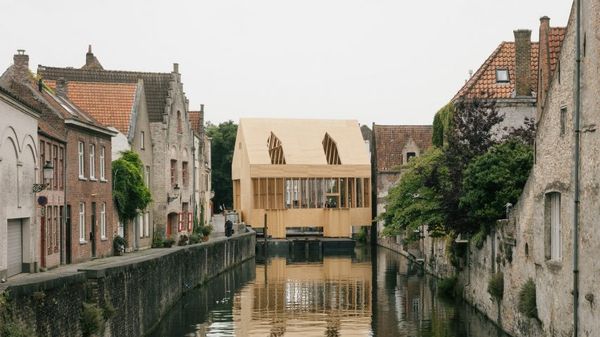 A floating wooden pavilion was built on a Belgian canal