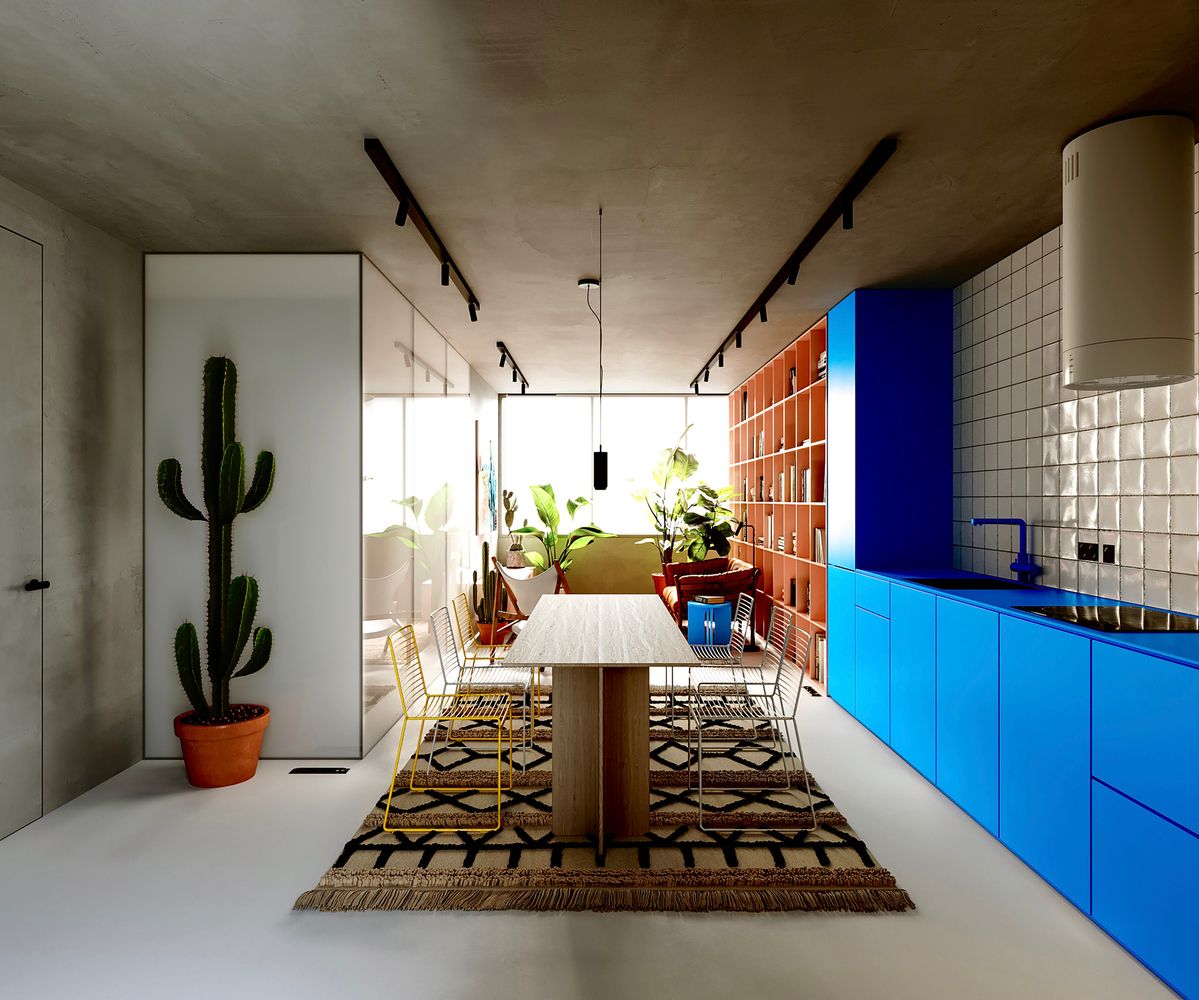 Blue kitchen, yellow bath–eclectic Russian interior