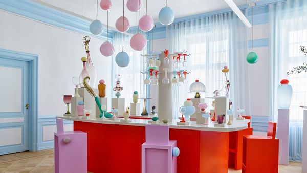 Apartment filled with glass in the style of the Grand Budapest Hotel