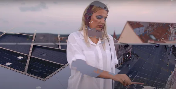 The historical red roofs of Vilnius in an electronic music video